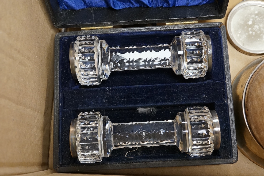 A quantity of assorted silver collectables and other items including a Victorian pieced silver dish by William Comyns & Sons, Ltd, London, 1896, 19.7cm, a silver mounted glass decanter and stopper, same maker, London, 18